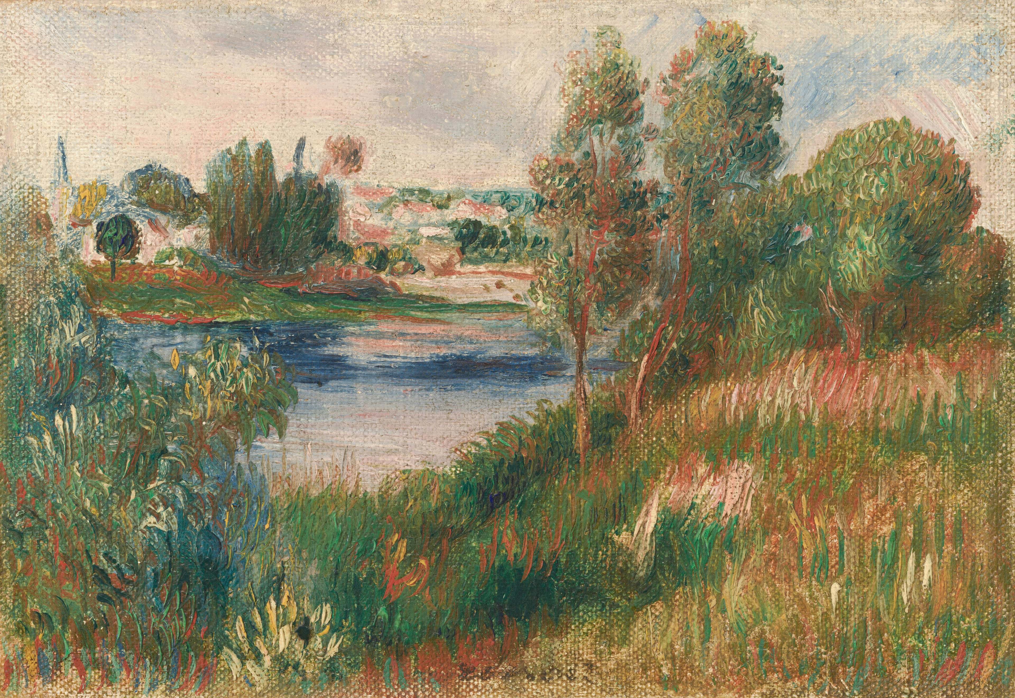 A serene river scene with lush greenery and distant buildings.